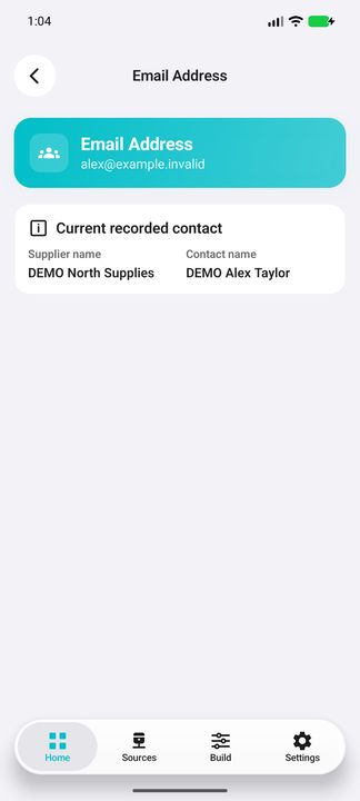 One recorded email value with supplier/contact context; other values remain separate. — Native Cifru; fictional DEMO, not a real Sage installation test.
