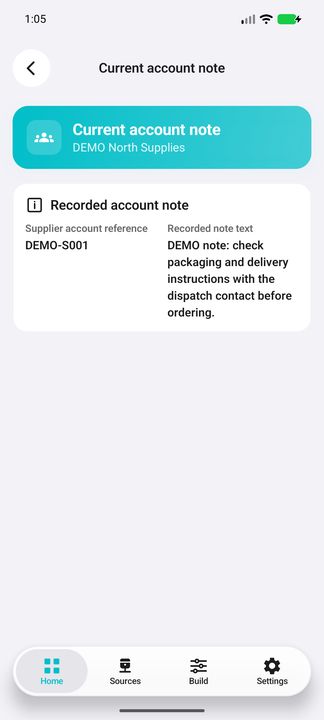 Complete selected account note text with supplier reference and name; not an attachment. — Native Cifru; fictional DEMO, not a real Sage installation test.