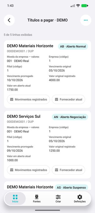 Título a pagar: cartão completo, valores do ERP e duas ações relacionadas — Cifru nativo; DEMO, dados fictícios. Não é teste em ERP real.