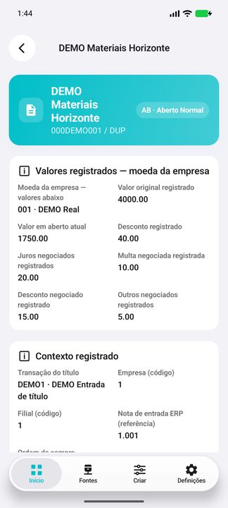 Detalhes do título: valores, descontos, juros e moeda da empresa — Cifru nativo; DEMO, dados fictícios. Não é teste em ERP real.