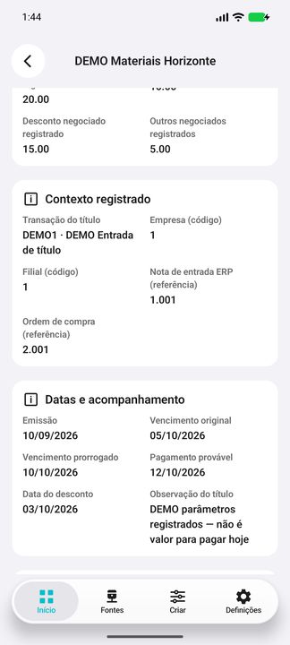 Contexto do título: fornecedor, transação, moeda, documentos e vencimentos — Cifru nativo; DEMO, dados fictícios. Não é teste em ERP real.
