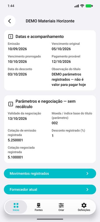 Condições de negociação e acesso aos movimentos e ao fornecedor — Cifru nativo; DEMO, dados fictícios. Não é teste em ERP real.