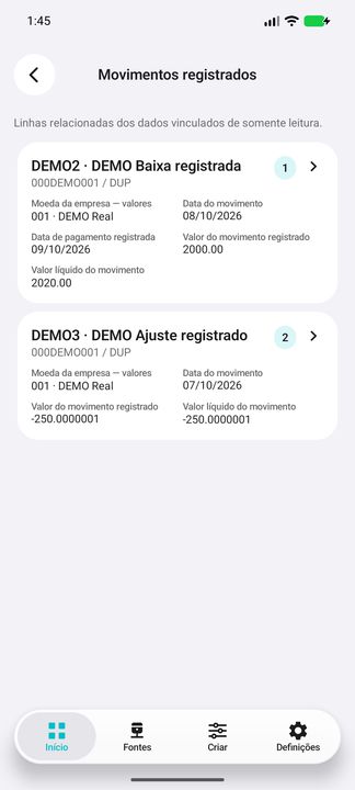 Movimentos do título: cartões completos, datas e valores individuais — Cifru nativo; DEMO, dados fictícios. Não é teste em ERP real.