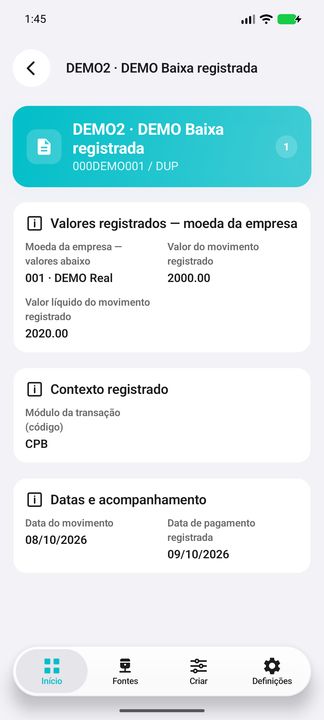 Detalhes do movimento: transação, módulo, datas e valores sem totalização — Cifru nativo; DEMO, dados fictícios. Não é teste em ERP real.
