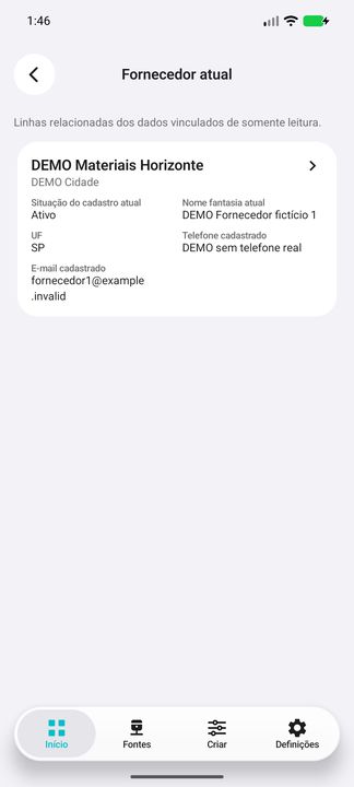 Fornecedor atual: cartão completo e informações comerciais — Cifru nativo; DEMO, dados fictícios. Não é teste em ERP real.