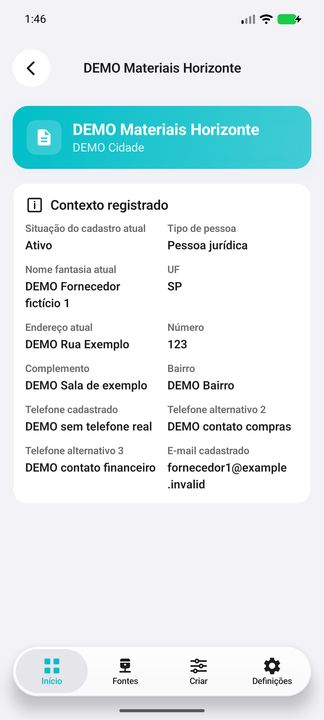 Detalhes do fornecedor atual: endereço, contatos e situação cadastral — Cifru nativo; DEMO, dados fictícios. Não é teste em ERP real.