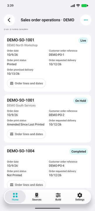 Complete sales order card: current customer, status, requested/promised dates and line button. — Native Cifru; fictional DEMO, not a real Sage installation test.