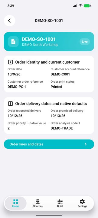 Order Details: current customer account, customer reference, native priority and analysis code. — Native Cifru; fictional DEMO, not a real Sage installation test.