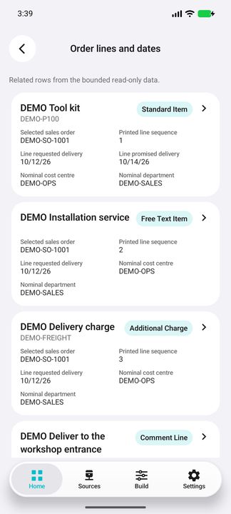 The selected order includes standard, free-text, charge and comment lines; their dates are separate. — Native Cifru; fictional DEMO, not a real Sage installation test.