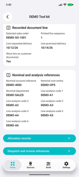 Selected line Details: delivery dates, nominal references, six analysis codes and both related buttons. — Native Cifru; fictional DEMO, not a real Sage installation test.