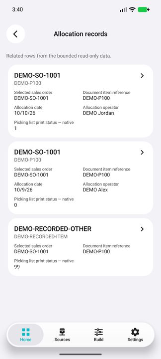 Allocation records for this selected line, with operators, dates and native picking print values. — Native Cifru; fictional DEMO, not a real Sage installation test.