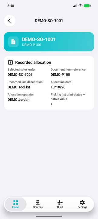 Complete selected allocation Details; no guessed quantities or completion percentage. — Native Cifru; fictional DEMO, not a real Sage installation test.