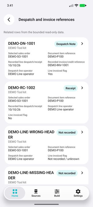Recorded despatch/receipt and invoice references for this line; unknown headers remain unassigned. — Native Cifru; fictional DEMO, not a real Sage installation test.