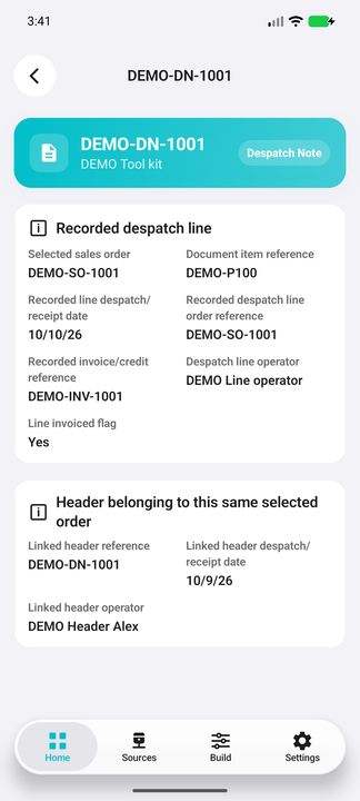 Complete despatch line Details: line date/operator and separately linked header date/operator. — Native Cifru; fictional DEMO, not a real Sage installation test.