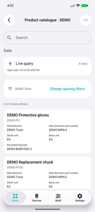 Opening manufacturer filter, four fictional matching products and the complete selected product card. — Native Cifru; fictional DEMO, not a real Sage installation test.