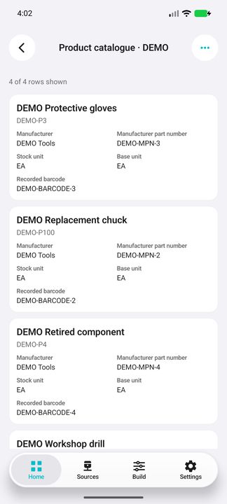 Product cards include manufacturer, part reference, recorded barcode and separate stock/base units. — Native Cifru; fictional DEMO, not a real Sage installation test.