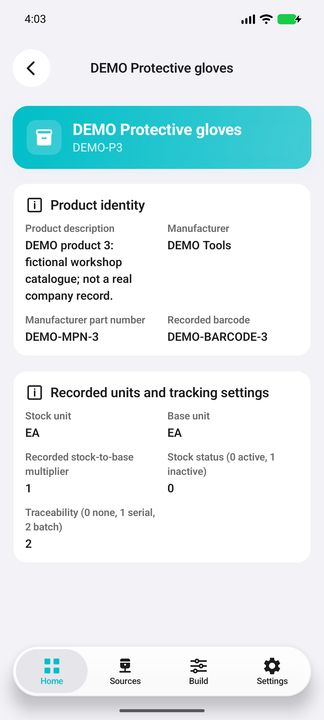Complete selected product Details: description, references, recorded units/multiplier and native tracking settings. — Native Cifru; fictional DEMO, not a real Sage installation test.