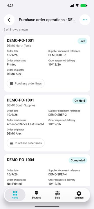 Complete purchase order card: current supplier, status, date, requested delivery, creator and line action. — Native Cifru; fictional DEMO, not a real Sage installation test.