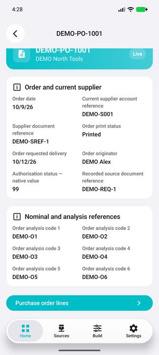 Selected order Details continuation: supplier reference, native authorisation code, origin and six analysis codes. — Native Cifru; fictional DEMO, not a real Sage installation test.