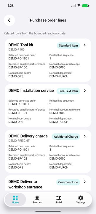 Order lines: selected item, recorded supplier part, nominal references; text, charge and comment rows are retained. — Native Cifru; fictional DEMO, not a real Sage installation test.
