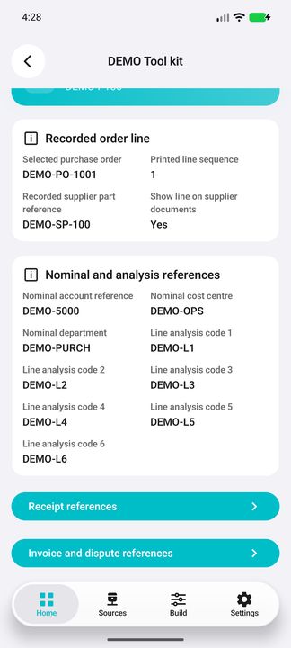 Selected line Details continuation: supplier-document setting, nominal references, six analysis codes and both actions. — Native Cifru; fictional DEMO, not a real Sage installation test.