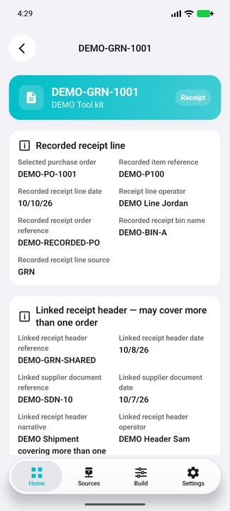 Selected receipt line Details: own date, operator, bin, source and separately linked header information. — Native Cifru; fictional DEMO, not a real Sage installation test.