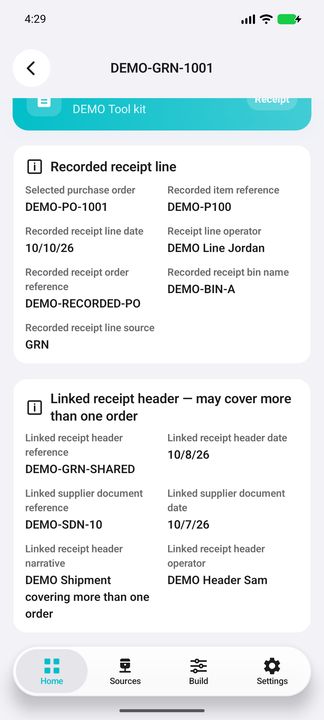 Receipt Details continuation: full shared-header narrative, separate header/supplier-document dates and operator. — Native Cifru; fictional DEMO, not a real Sage installation test.