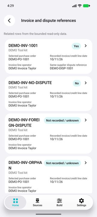 Selected line invoice references: disputed, undisputed and unknown values; missing dispute headers retain the line. — Native Cifru; fictional DEMO, not a real Sage installation test.