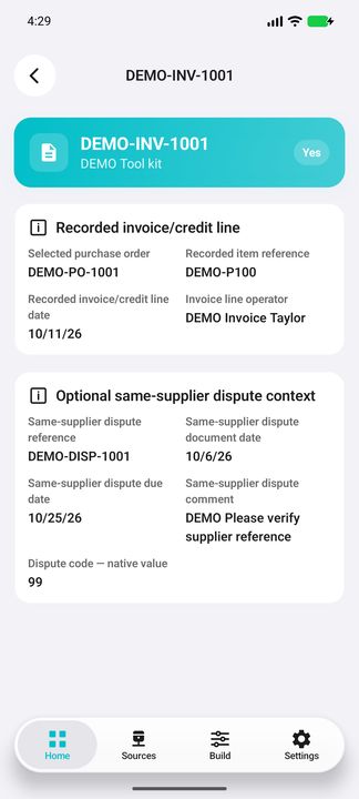 Complete selected invoice-line Details and optional same-supplier dispute date, due date, comment and native code. — Native Cifru; fictional DEMO, not a real Sage installation test.