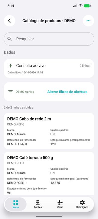Filtro de marca aplicado e produtos DEMO; parâmetros gerais, não saldo disponível. — Cifru nativo; DEMO fictício, não teste em ERP real.