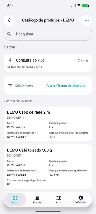 Card completo do produto DEMO selecionado, com unidade, referências e parâmetro de estoque com 12.375. — Cifru nativo; DEMO fictício, não teste em ERP real.
