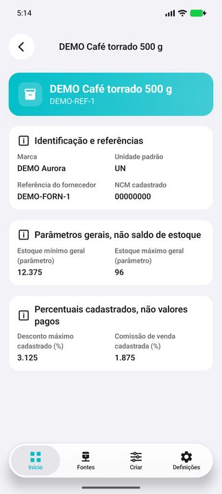 Detalhes do produto DEMO: identificação, referências, NCM, parâmetros gerais e percentuais cadastrados. — Cifru nativo; DEMO fictício, não teste em ERP real.