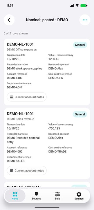 Complete posted-entry card: recorded value, date, account, cost centre, department, operator and note action. — Native Cifru; invented DEMO, not a real Sage installation test.