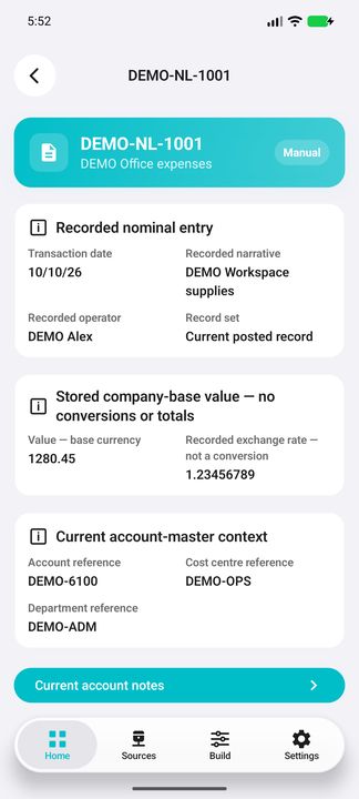 Posted-entry Details: full narrative, record set, base-currency value, exact recorded rate and current account context. — Native Cifru; invented DEMO, not a real Sage installation test.