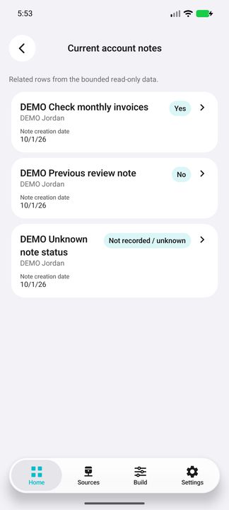 Actual selected-account note list: active, inactive and unknown flags stay separate; older notes remain visible. — Native Cifru; invented DEMO, not a real Sage installation test.