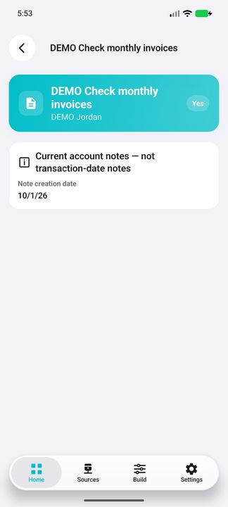 Selected account note Details with full text, creator, active flag and creation date; not a transaction-date note. — Native Cifru; invented DEMO, not a real Sage installation test.