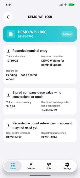 Pending-entry Details: explicit unposted record set, unrounded recorded rate, narrative and recorded account references. — Native Cifru; invented DEMO, not a real Sage installation test.