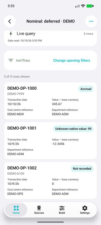 Complete deferred-entry card: separately stored waiting posting, date, value and account/cost-centre/department references. — Native Cifru; invented DEMO, not a real Sage installation test.