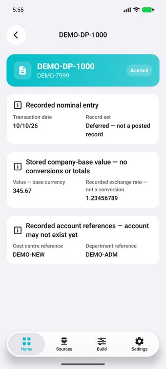Deferred-entry Details: deferred record set, recorded base value and rate, with no guessed narrative or posted status. — Native Cifru; invented DEMO, not a real Sage installation test.