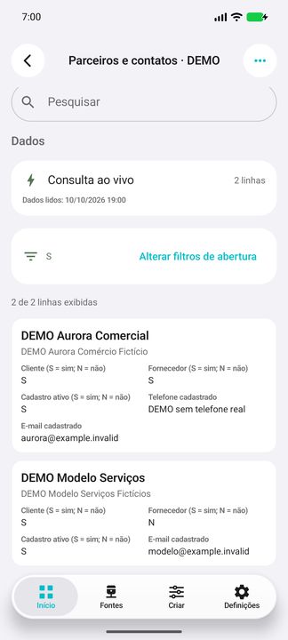 Situação S selecionada; card completo do parceiro DEMO, simultaneamente cliente e fornecedor, com contatos fictícios. — Cifru nativo; dados fictícios, não teste em ERP real.