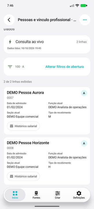Coligada 100 e situação A selecionadas; card completo da pessoa DEMO e acesso ao Histórico salarial. — Cifru nativo; pessoas e valores fictícios, não teste em ERP real.