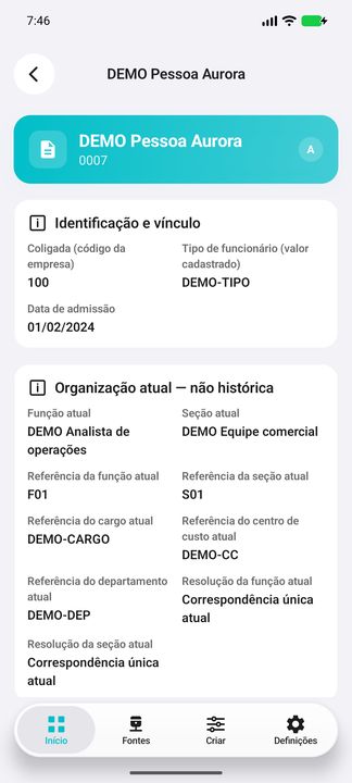 Identificação e organização atual da pessoa DEMO: admissão, função, seção, cargo, centro e departamento. — Cifru nativo; pessoas e valores fictícios, não teste em ERP real.