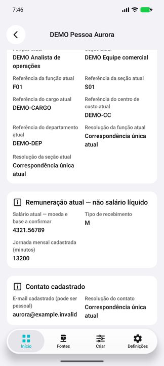 Remuneração atual DEMO: valor exato, tipo de recebimento e jornada mensal em minutos; não salário líquido. — Cifru nativo; pessoas e valores fictícios, não teste em ERP real.