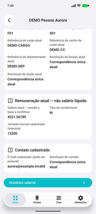 Contato fictício completo, remuneração e botão Histórico salarial da mesma pessoa DEMO. — Cifru nativo; pessoas e valores fictícios, não teste em ERP real.