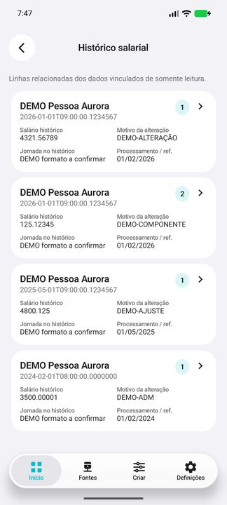 Quatro alterações salariais fictícias da pessoa selecionada, com data/hora completa e número do salário distintos. — Cifru nativo; pessoas e valores fictícios, não teste em ERP real.