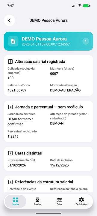 Alteração salarial DEMO: mesma coligada e matrícula, valor, motivo, jornada, percentual e datas distintas. — Cifru nativo; pessoas e valores fictícios, não teste em ERP real.