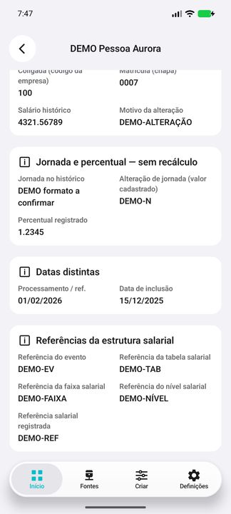 Continuação da alteração DEMO: processamento, inclusão e referências de evento, tabela, faixa e nível salarial. — Cifru nativo; pessoas e valores fictícios, não teste em ERP real.