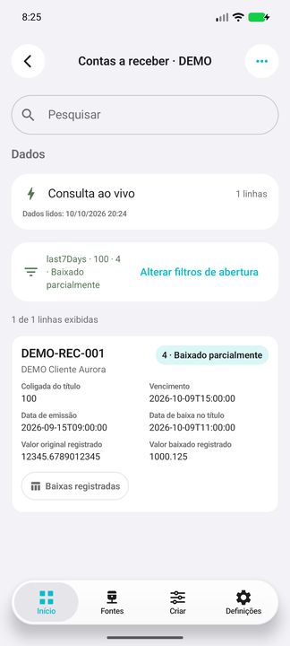 Período de vencimento, coligada e situação escolhidos; card completo do título DEMO. — Cifru nativo; dados fictícios, não teste em ERP real.