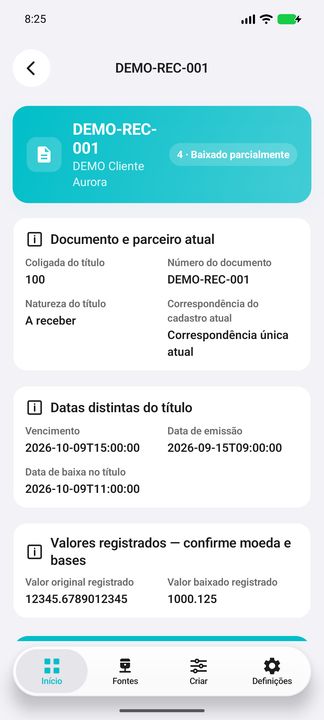 Ficha do título DEMO, posição 1: parceiro atual, datas distintas e valores registrados; moeda/bases a confirmar. — Cifru nativo; dados fictícios, não teste em ERP real.