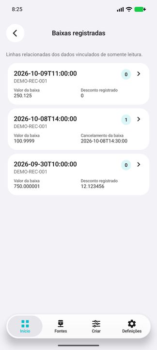 Baixas realmente abertas pelo sub-botão: registros DEMO do mesmo título, inclusive cancelamentos; não confirmação bancária. — Cifru nativo; dados fictícios, não teste em ERP real.
